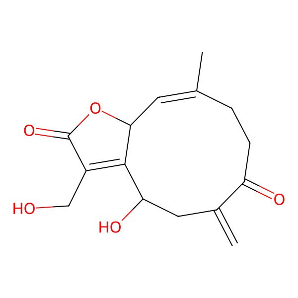 2D Structure of (4S,10E,11aR)-4-hydroxy-3-(hydroxymethyl)-10-methyl-6-methylidene-5,8,9,11a-tetrahydro-4H-cyclodeca[b]furan-2,7-dione