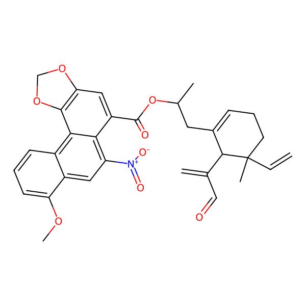 2D Structure of [(2S)-1-[(5R,6S)-5-ethenyl-5-methyl-6-(3-oxoprop-1-en-2-yl)cyclohexen-1-yl]propan-2-yl] 8-methoxy-6-nitronaphtho[2,1-g][1,3]benzodioxole-5-carboxylate