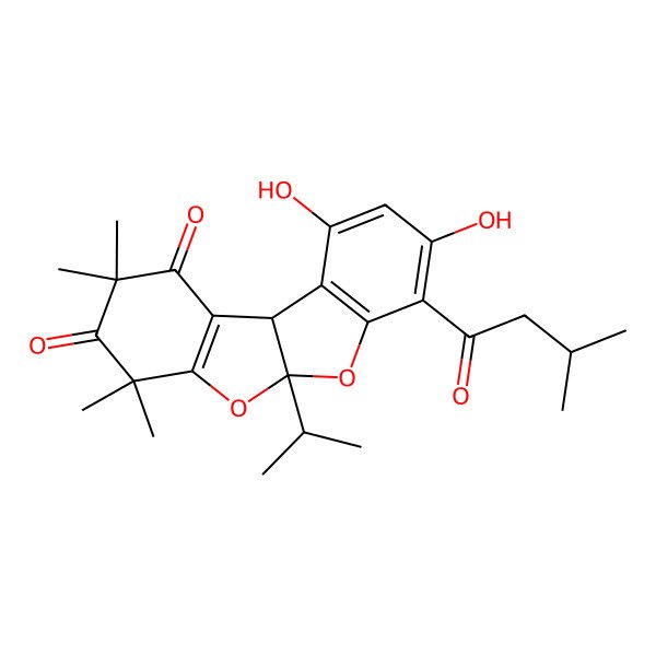 2D Structure of 8,10-dihydroxy-2,2,4,4-tetramethyl-7-(3-methylbutanoyl)-5a-propan-2-yl-10bH-[1]benzofuro[2,3-b][1]benzofuran-1,3-dione