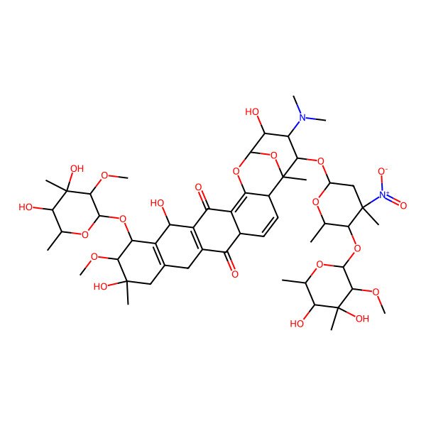 2D Structure of (1R,11S,12S,13R,21R,22S,23S,24S)-13-[(2S,3R,4R,5S,6S)-4,5-dihydroxy-3-methoxy-4,6-dimethyloxan-2-yl]oxy-24-[(2S,4S,5S,6R)-5-[(2S,3R,4R,5S,6S)-4,5-dihydroxy-3-methoxy-4,6-dimethyloxan-2-yl]oxy-4,6-dimethyl-4-nitrooxan-2-yl]oxy-23-(dimethylamino)-11,15,22-trihydroxy-12-methoxy-1,11-dimethyl-20,25-dioxahexacyclo[19.3.1.02,19.05,18.07,16.09,14]pentacosa-3,7(16),9(14),18-tetraene-6,17-dione