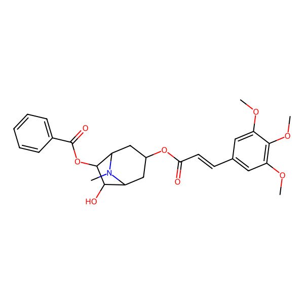 2D Structure of [7-Hydroxy-8-methyl-3-[3-(3,4,5-trimethoxyphenyl)prop-2-enoyloxy]-8-azabicyclo[3.2.1]octan-6-yl] benzoate