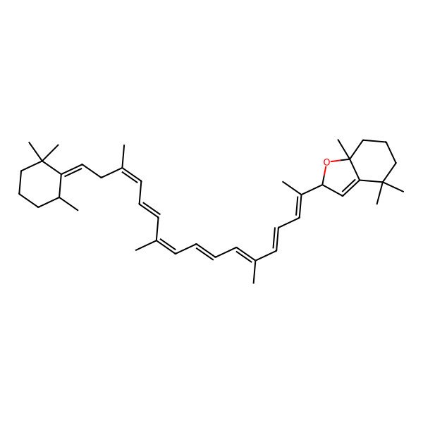 2D Structure of (2R,7aR)-4,4,7a-trimethyl-2-[(2E,4E,6E,8E,10E,12E,14E,17E)-6,11,15-trimethyl-17-[(6S)-2,2,6-trimethylcyclohexylidene]heptadeca-2,4,6,8,10,12,14-heptaen-2-yl]-2,5,6,7-tetrahydro-1-benzofuran