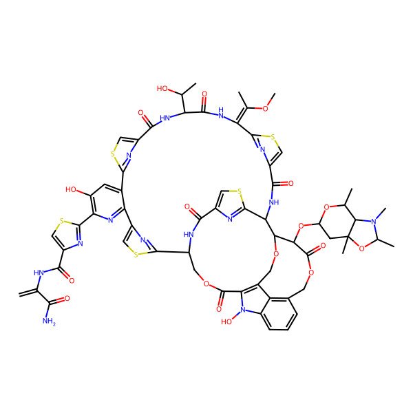 2D Structure of N-(3-amino-3-oxoprop-1-en-2-yl)-2-[30-[(2,3,4,7a-tetramethyl-3a,4,6,7-tetrahydro-2H-pyrano[3,4-d][1,3]oxazol-6-yl)oxy]-9,52-dihydroxy-18-(1-hydroxyethyl)-21-(1-methoxyethylidene)-16,19,26,31,42,46-hexaoxo-32,43,54-trioxa-3,13,23,49-tetrathia-7,17,20,27,45,51,52,55,56,57-decazadecacyclo[26.16.6.229,40.12,5.112,15.122,25.138,41.147,50.06,11.034,39]heptapentaconta-2(57),4,6,8,10,12(56),14,22(55),24,34(39),35,37,40,47,50-pentadecaen-8-yl]-1,3-thiazole-4-carboxamide