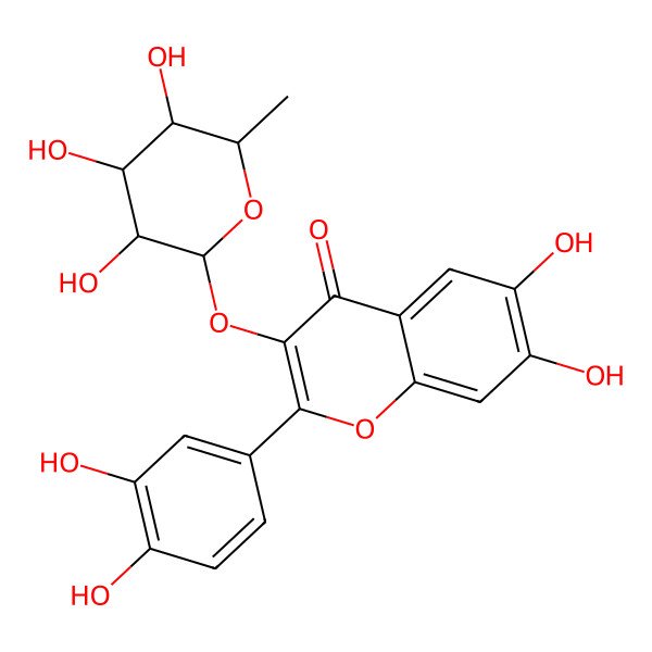 2D Structure of 2-(3,4-dihydroxyphenyl)-6,7-dihydroxy-3-[(2R,3R,4R,5R,6S)-3,4,5-trihydroxy-6-methyloxan-2-yl]oxychromen-4-one