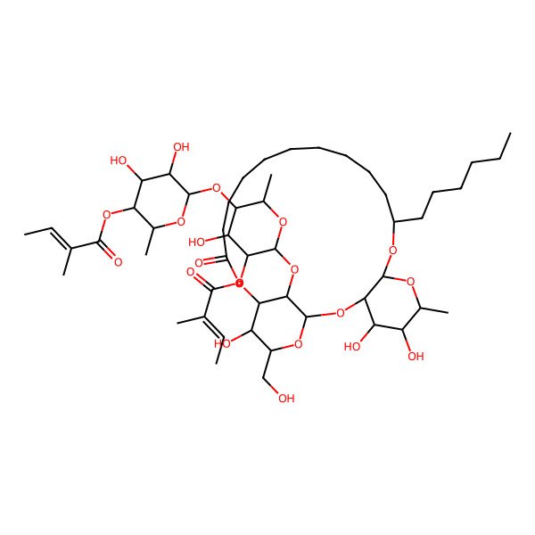 2D Structure of [6-[6-[[10-Hexyl-4,5,23-trihydroxy-24-(hydroxymethyl)-6-methyl-20-oxo-2,7,9,21,25-pentaoxatricyclo[20.3.1.03,8]hexacosan-26-yl]oxy]-4-hydroxy-2-methyl-5-(2-methylbut-2-enoyloxy)oxan-3-yl]oxy-4,5-dihydroxy-2-methyloxan-3-yl] 2-methylbut-2-enoate