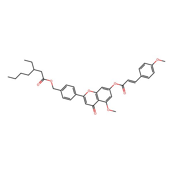 2D Structure of [4-[5-methoxy-7-[(E)-3-(4-methoxyphenyl)prop-2-enoyl]oxy-4-oxochromen-2-yl]phenyl]methyl (3S)-3-ethylheptanoate