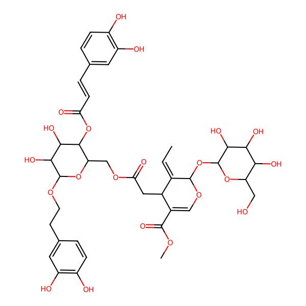 2D Structure of methyl 4-[2-[[6-[2-(3,4-dihydroxyphenyl)ethoxy]-3-[3-(3,4-dihydroxyphenyl)prop-2-enoyloxy]-4,5-dihydroxyoxan-2-yl]methoxy]-2-oxoethyl]-5-ethylidene-6-[3,4,5-trihydroxy-6-(hydroxymethyl)oxan-2-yl]oxy-4H-pyran-3-carboxylate