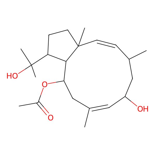 2D Structure of [8-hydroxy-1-(2-hydroxypropan-2-yl)-3a,6,10-trimethyl-2,3,6,7,8,11,12,12a-octahydro-1H-cyclopenta[11]annulen-12-yl] acetate
