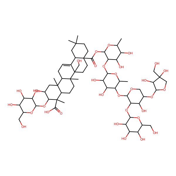2D Structure of (2S,3R,4S,4aR,6aR,6bR,8aS,12aS,14aR,14bR)-8a-[(2R,3S,4R,5S,6S)-3-[(2R,3S,4R,5S,6R)-5-[(2S,3R,4S,5R)-5-[(2S,3R,4R)-3,4-dihydroxy-4-(hydroxymethyl)oxolan-2-yl]oxy-4-hydroxy-3-[(2S,3R,4S,5R,6R)-3,4,5-trihydroxy-6-(hydroxymethyl)oxan-2-yl]oxyoxan-2-yl]oxy-3,4-dihydroxy-6-methyloxan-2-yl]oxy-4,5-dihydroxy-6-methyloxan-2-yl]oxycarbonyl-2-hydroxy-6b-(hydroxymethyl)-4,6a,11,11,14b-pentamethyl-3-[(2R,3R,4S,5S,6R)-3,4,5-trihydroxy-6-(hydroxymethyl)oxan-2-yl]oxy-1,2,3,4a,5,6,7,8,9,10,12,12a,14,14a-tetradecahydropicene-4-carboxylic acid