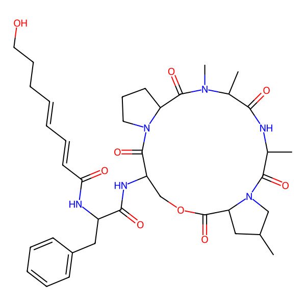 2D Structure of (2E,4E)-8-hydroxy-N-[(2S)-1-oxo-3-phenyl-1-[[(3S,7S,9R,13S,16S,19S)-9,13,16,17-tetramethyl-2,6,12,15,18-pentaoxo-5-oxa-1,11,14,17-tetrazatricyclo[17.3.0.07,11]docosan-3-yl]amino]propan-2-yl]octa-2,4-dienamide