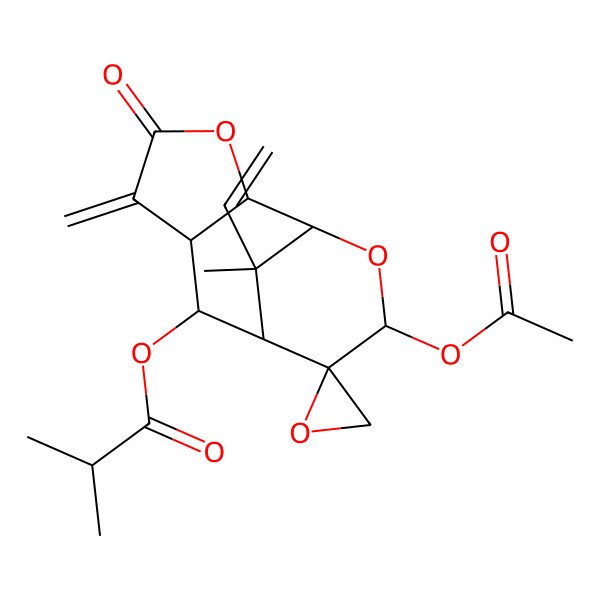 2D Structure of [(1R,2R,6R,7R,8S,9S,10R,12R)-10-acetyloxy-12-ethenyl-12-methyl-5-methylidene-4-oxospiro[3,11-dioxatricyclo[6.3.1.02,6]dodecane-9,2'-oxirane]-7-yl] 2-methylpropanoate