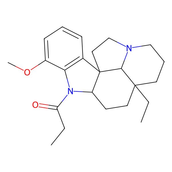 2D Structure of 1-[(1R,9R,12R,19R)-12-ethyl-6-methoxy-8,16-diazapentacyclo[10.6.1.01,9.02,7.016,19]nonadeca-2(7),3,5-trien-8-yl]propan-1-one