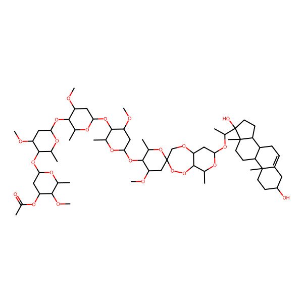 2D Structure of [(2R,3S,4S,6S)-6-[(2R,3R,4S,6S)-6-[(2R,3R,4S,6S)-6-[(2R,3R,4S,6S)-6-[(2'R,3S,3'R,4'R,5aR,7S,9R,9aR)-7-[(1S)-1-[(3S,8R,9S,10R,13S,14S,17R)-3,17-dihydroxy-10,13-dimethyl-1,2,3,4,7,8,9,11,12,14,15,16-dodecahydrocyclopenta[a]phenanthren-17-yl]ethoxy]-4'-methoxy-2',9-dimethylspiro[4,5a,6,7,9,9a-hexahydropyrano[3,4-c][1,2,5]trioxepine-3,6'-oxane]-3'-yl]oxy-4-methoxy-2-methyloxan-3-yl]oxy-4-methoxy-2-methyloxan-3-yl]oxy-4-methoxy-2-methyloxan-3-yl]oxy-3-methoxy-2-methyloxan-4-yl] acetate