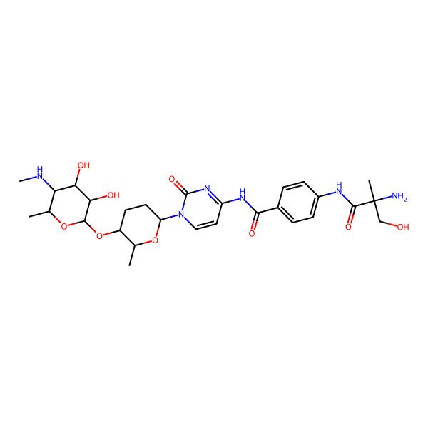 2D Structure of 4-[[(2R)-2-amino-3-hydroxy-2-methylpropanoyl]amino]-N-[1-[(2R,5S,6R)-5-[(2R,3R,4S,5S,6R)-3,4-dihydroxy-6-methyl-5-(methylamino)oxan-2-yl]oxy-6-methyloxan-2-yl]-2-oxopyrimidin-4-yl]benzamide