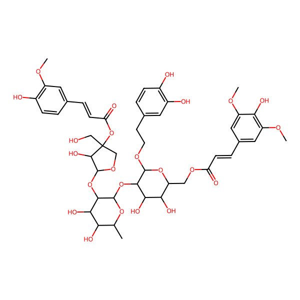 2D Structure of [(3R,4R,5S)-5-[(2S,3S,4R,5R,6S)-2-[(2R,3R,4S,5S,6R)-2-[2-(3,4-dihydroxyphenyl)ethoxy]-4,5-dihydroxy-6-[[(E)-3-(4-hydroxy-3,5-dimethoxyphenyl)prop-2-enoyl]oxymethyl]oxan-3-yl]oxy-4,5-dihydroxy-6-methyloxan-3-yl]oxy-4-hydroxy-3-(hydroxymethyl)oxolan-3-yl] (E)-3-(4-hydroxy-3-methoxyphenyl)prop-2-enoate