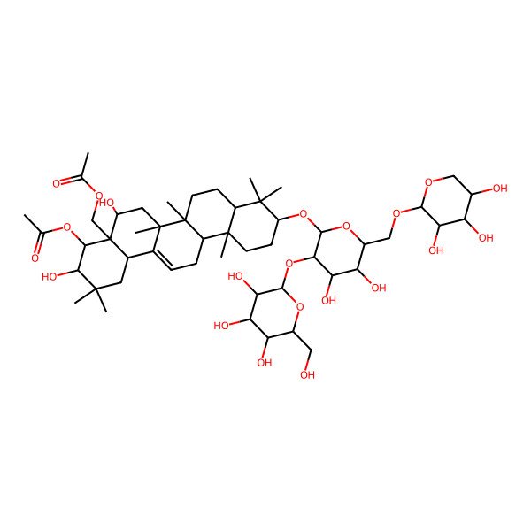 2D Structure of [(3R,4R,4aR,5R,6aR,6aS,6bR,8aR,10S,12aR,14bR)-4-acetyloxy-10-[(2R,3R,4S,5S,6R)-4,5-dihydroxy-3-[(2S,3R,4S,5S,6R)-3,4,5-trihydroxy-6-(hydroxymethyl)oxan-2-yl]oxy-6-[[(2S,3R,4S,5S)-3,4,5-trihydroxyoxan-2-yl]oxymethyl]oxan-2-yl]oxy-3,5-dihydroxy-2,2,6a,6b,9,9,12a-heptamethyl-1,3,4,5,6,6a,7,8,8a,10,11,12,13,14b-tetradecahydropicen-4a-yl]methyl acetate