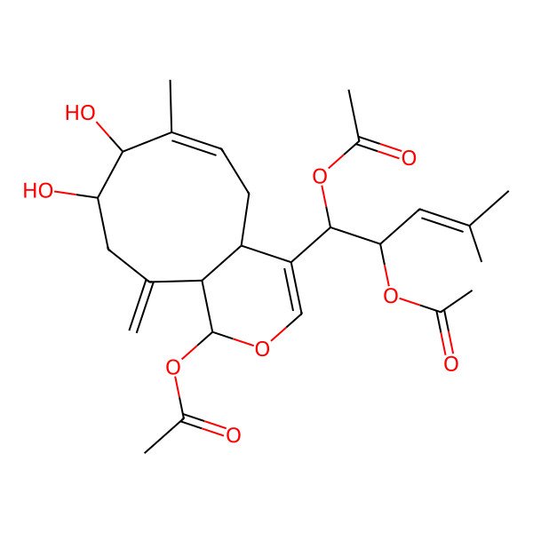 2D Structure of [(1R,4aS,6E,8S,9R,11aR)-4-[(1R,2S)-1,2-diacetyloxy-4-methylpent-3-enyl]-8,9-dihydroxy-7-methyl-11-methylidene-4a,5,8,9,10,11a-hexahydro-1H-cyclonona[c]pyran-1-yl] acetate