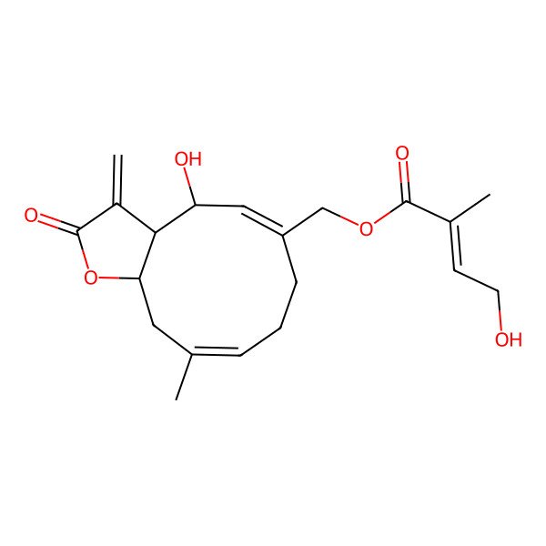 2D Structure of (4-Hydroxy-10-methyl-3-methylidene-2-oxo-3a,4,7,8,11,11a-hexahydrocyclodeca[b]furan-6-yl)methyl 4-hydroxy-2-methylbut-2-enoate