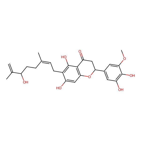 2D Structure of 2-(3,4-Dihydroxy-5-methoxyphenyl)-5,7-dihydroxy-6-(6-hydroxy-3,7-dimethylocta-2,7-dienyl)-2,3-dihydrochromen-4-one