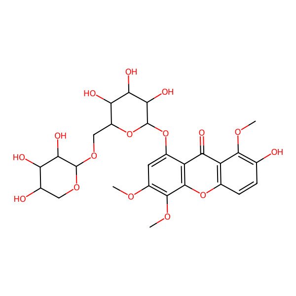 2D Structure of 2-hydroxy-1,5,6-trimethoxy-8-[(2S,3R,4S,5S,6R)-3,4,5-trihydroxy-6-[[(2S,3R,4S,5R)-3,4,5-trihydroxyoxan-2-yl]oxymethyl]oxan-2-yl]oxyxanthen-9-one