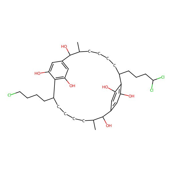 2D Structure of 8-(4-Chlorobutyl)-19-(4,4-dichlorobutyl)-3,14-dimethyltricyclo[18.2.2.29,12]hexacosa-1(22),9,11,20,23,25-hexaene-2,10,13,21,24,26-hexol