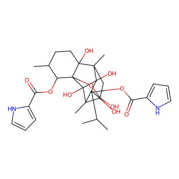 2D Structure of [6,9,11,13,14-pentahydroxy-3,7,10-trimethyl-11-propan-2-yl-12-(1H-pyrrole-2-carbonyloxy)-15-oxapentacyclo[7.5.1.01,6.07,13.010,14]pentadecan-2-yl] 1H-pyrrole-2-carboxylate