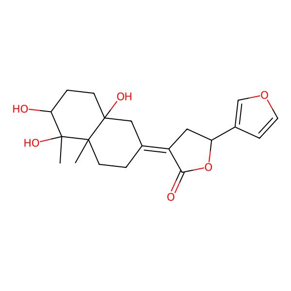 2D Structure of (3E,5R)-3-[(4aS,5R,6R,8aS)-5,6,8a-trihydroxy-4a,5-dimethyl-1,3,4,6,7,8-hexahydronaphthalen-2-ylidene]-5-(furan-3-yl)oxolan-2-one