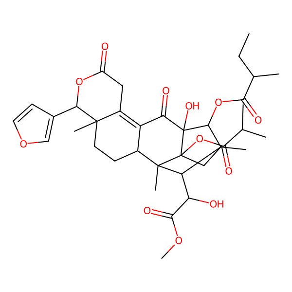 2D Structure of [(1R,2R,5S,6S,13S,14R,17R,18S)-6-(furan-3-yl)-13-hydroxy-18-[(1S)-1-hydroxy-2-methoxy-2-oxoethyl]-1,5,15-trimethyl-17-(2-methylpropanoyloxy)-8,12-dioxo-7-oxapentacyclo[13.2.1.02,11.05,10.013,17]octadec-10-en-14-yl] (2S)-2-methylbutanoate