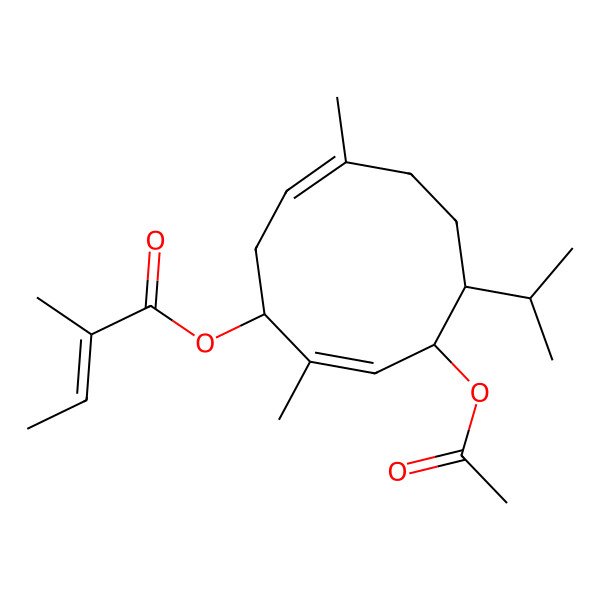 2D Structure of [(1S,2E,4R,5S,8E)-4-acetyloxy-2,8-dimethyl-5-propan-2-ylcyclodeca-2,8-dien-1-yl] (Z)-2-methylbut-2-enoate