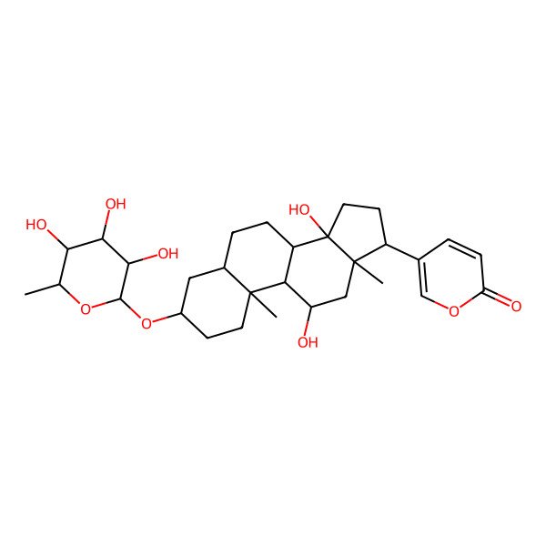 2D Structure of 5-[(3S,5R,8R,9S,10S,11R,13R,14S,17S)-11,14-dihydroxy-10,13-dimethyl-3-[(2R,3R,4R,5R,6S)-3,4,5-trihydroxy-6-methyloxan-2-yl]oxy-1,2,3,4,5,6,7,8,9,11,12,15,16,17-tetradecahydrocyclopenta[a]phenanthren-17-yl]pyran-2-one