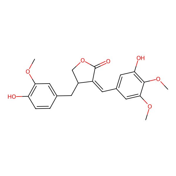 2D Structure of (3E)-3-[(3-hydroxy-4,5-dimethoxyphenyl)methylidene]-4-[(4-hydroxy-3-methoxyphenyl)methyl]oxolan-2-one