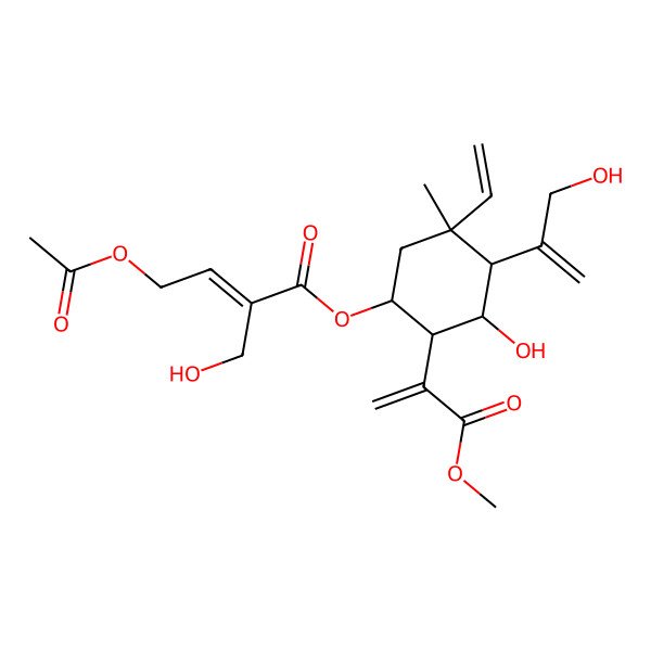 2D Structure of [(1S,2S,3R,4R,5S)-5-ethenyl-3-hydroxy-4-(3-hydroxyprop-1-en-2-yl)-2-(3-methoxy-3-oxoprop-1-en-2-yl)-5-methylcyclohexyl] (Z)-4-acetyloxy-2-(hydroxymethyl)but-2-enoate