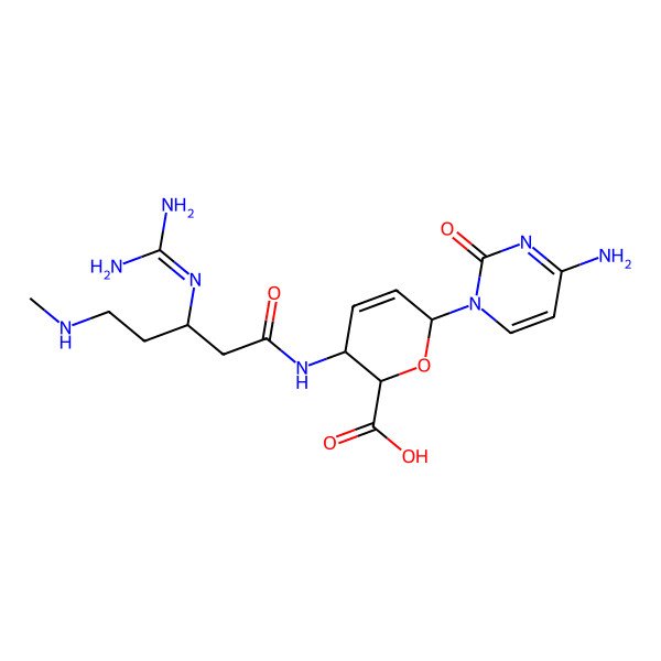 2D Structure of (2S,3S,6R)-6-(4-amino-2-oxopyrimidin-1-yl)-3-[[(3S)-3-(diaminomethylideneamino)-5-(methylamino)pentanoyl]amino]-3,6-dihydro-2H-pyran-2-carboxylic acid