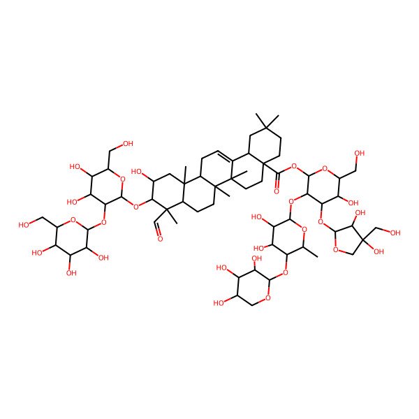 2D Structure of [(2S,3R,4S,5R,6R)-4-[(2S,3R,4R)-3,4-dihydroxy-4-(hydroxymethyl)oxolan-2-yl]oxy-3-[(2S,3R,4S,5R,6S)-3,4-dihydroxy-6-methyl-5-[(2S,3R,4S,5R)-3,4,5-trihydroxyoxan-2-yl]oxyoxan-2-yl]oxy-5-hydroxy-6-(hydroxymethyl)oxan-2-yl] (4aS,6aR,6aS,6bR,8aR,9S,10R,11S,12aR,14bS)-10-[(2R,3R,4S,5S,6R)-4,5-dihydroxy-6-(hydroxymethyl)-3-[(2S,3R,4S,5S,6R)-3,4,5-trihydroxy-6-(hydroxymethyl)oxan-2-yl]oxyoxan-2-yl]oxy-9-formyl-11-hydroxy-2,2,6a,6b,9,12a-hexamethyl-1,3,4,5,6,6a,7,8,8a,10,11,12,13,14b-tetradecahydropicene-4a-carboxylate