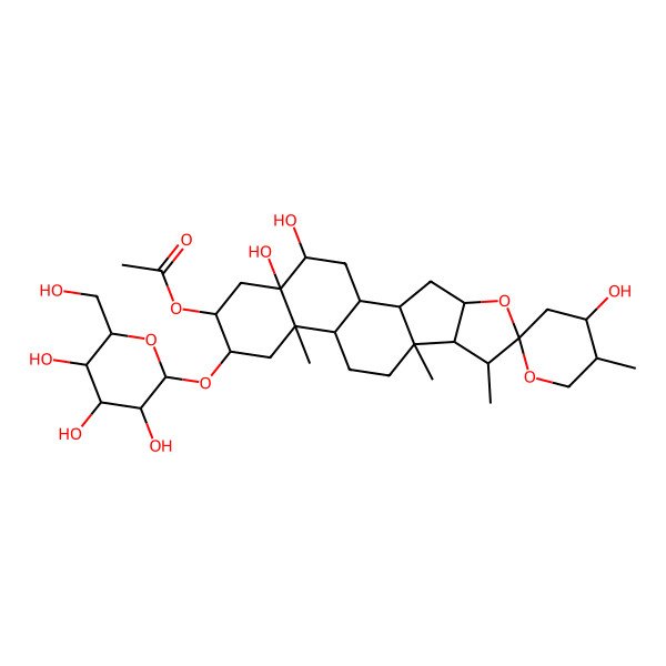 2D Structure of [(1S,2S,4S,4'S,5'S,6R,7S,8R,9S,12S,13R,15R,16R,18R,19R)-4',18,19-trihydroxy-5',7,9,13-tetramethyl-15-[(2R,3R,4S,5S,6R)-3,4,5-trihydroxy-6-(hydroxymethyl)oxan-2-yl]oxyspiro[5-oxapentacyclo[10.8.0.02,9.04,8.013,18]icosane-6,2'-oxane]-16-yl] acetate