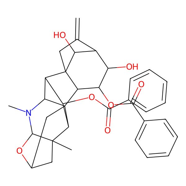 2D Structure of (3-Benzoyloxy-4,20-dihydroxy-12,17-dimethyl-6-methylidene-15-oxa-17-azaheptacyclo[12.4.1.15,8.01,11.02,8.09,18.012,16]icosan-10-yl) benzoate