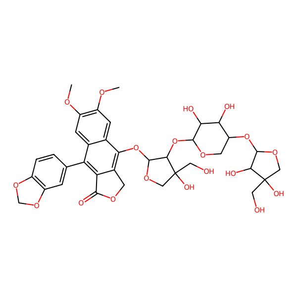 2D Structure of 9-(1,3-benzodioxol-5-yl)-4-[3-[5-[3,4-dihydroxy-4-(hydroxymethyl)oxolan-2-yl]oxy-3,4-dihydroxyoxan-2-yl]oxy-4-hydroxy-4-(hydroxymethyl)oxolan-2-yl]oxy-6,7-dimethoxy-3H-benzo[f][2]benzofuran-1-one