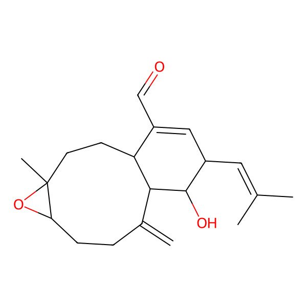 2D Structure of (1S,4S,6S,10R,11S,12R)-11-hydroxy-4-methyl-9-methylidene-12-(2-methylprop-1-enyl)-5-oxatricyclo[8.4.0.04,6]tetradec-13-ene-14-carbaldehyde