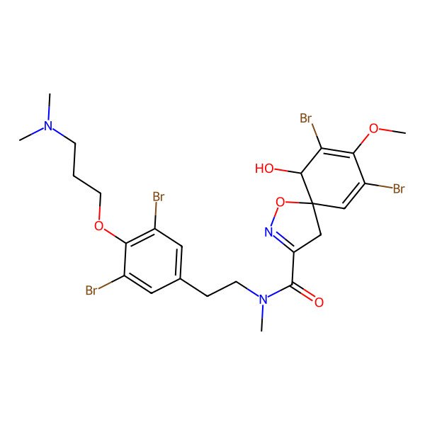 2D Structure of (5R,6S)-7,9-dibromo-N-[2-[3,5-dibromo-4-[3-(dimethylamino)propoxy]phenyl]ethyl]-6-hydroxy-8-methoxy-N-methyl-1-oxa-2-azaspiro[4.5]deca-2,7,9-triene-3-carboxamide