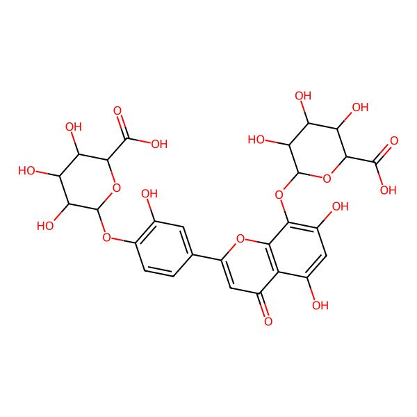2D Structure of (2R,3R,4S,5S,6R)-6-[4-[8-[(2R,3S,4S,5R,6R)-6-carboxy-3,4,5-trihydroxyoxan-2-yl]oxy-5,7-dihydroxy-4-oxochromen-2-yl]-2-hydroxyphenoxy]-3,4,5-trihydroxyoxane-2-carboxylic acid