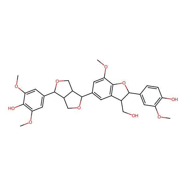 2D Structure of 4-[3-[2-(4-Hydroxy-3-methoxyphenyl)-3-(hydroxymethyl)-7-methoxy-2,3-dihydro-1-benzofuran-5-yl]-1,3,3a,4,6,6a-hexahydrofuro[3,4-c]furan-6-yl]-2,6-dimethoxyphenol