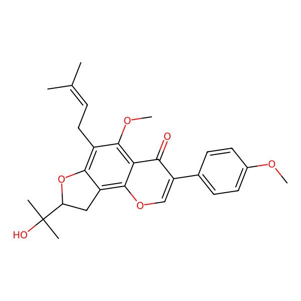 2D Structure of (8S)-8-(2-hydroxypropan-2-yl)-5-methoxy-3-(4-methoxyphenyl)-6-(3-methylbut-2-enyl)-8,9-dihydrofuro[2,3-h]chromen-4-one