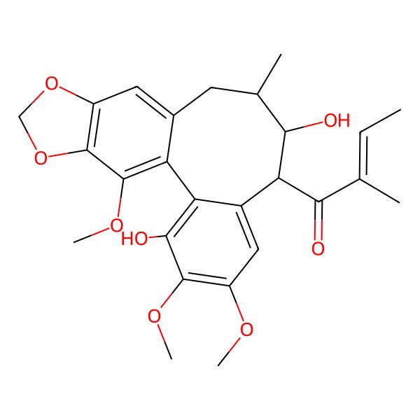 2D Structure of (Z)-1-[(8S,9R,10R)-3,9-dihydroxy-4,5,19-trimethoxy-10-methyl-15,17-dioxatetracyclo[10.7.0.02,7.014,18]nonadeca-1(19),2,4,6,12,14(18)-hexaen-8-yl]-2-methylbut-2-en-1-one