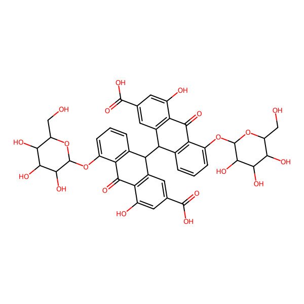 2D Structure of (9S)-9-[(9R)-2-Carboxy-4-hydroxy-10-oxo-5-[(2R,3R,4S,5S,6R)-3,4,5-trihydroxy-6-(hydroxymethyl)oxan-2-yl]oxy-9H-anthracen-9-yl]-4-hydroxy-10-oxo-5-[(2R,3R,4S,5S,6R)-3,4,5-trihydroxy-6-(hydroxymethyl)oxan-2-yl]oxy-9H-anthracene-2-carboxylic acid