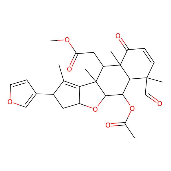 2D Structure of Methyl 2-[2-acetyloxy-4-formyl-13-(furan-3-yl)-4,8,10,12-tetramethyl-7-oxo-16-oxatetracyclo[8.6.0.03,8.011,15]hexadeca-5,11-dien-9-yl]acetate