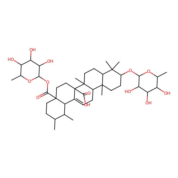 2D Structure of (1S,2R,6aR,6bR,12aR)-1,2,6b,9,9,12a-hexamethyl-10-[(3R,4S,5S,6R)-3,4,5-trihydroxy-6-methyloxan-2-yl]oxy-4a-[(3R,4S,5S,6R)-3,4,5-trihydroxy-6-methyloxan-2-yl]oxycarbonyl-2,3,4,5,6,6a,7,8,8a,10,11,12,13,14b-tetradecahydro-1H-picene-6a-carboxylic acid
