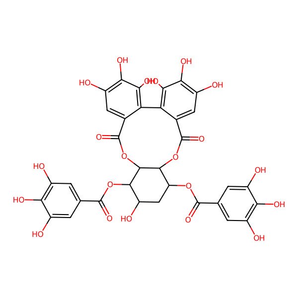 2D Structure of [3,4,5,13,20,21,22-Heptahydroxy-8,17-dioxo-14-(3,4,5-trihydroxybenzoyl)oxy-9,16-dioxatetracyclo[16.4.0.02,7.010,15]docosa-1(22),2,4,6,18,20-hexaen-11-yl] 3,4,5-trihydroxybenzoate