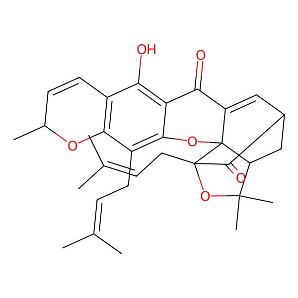 2D Structure of 12-Hydroxy-8,21,21-trimethyl-5,19-bis(3-methylbut-2-enyl)-3,7,20-trioxahexacyclo[15.4.1.02,15.02,19.04,13.06,11]docosa-4(13),5,9,11,15-pentaene-14,18-dione