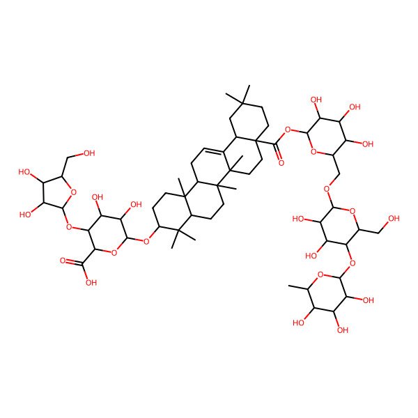 2D Structure of (2S,3S,4R,5R,6R)-6-[[(3S,4aR,6aR,6bS,8aS,12aS,14aR,14bR)-8a-[(2S,3R,4S,5S,6R)-6-[[(2R,3R,4R,5S,6R)-3,4-dihydroxy-6-(hydroxymethyl)-5-[(2S,3R,4R,5R,6S)-3,4,5-trihydroxy-6-methyloxan-2-yl]oxyoxan-2-yl]oxymethyl]-3,4,5-trihydroxyoxan-2-yl]oxycarbonyl-4,4,6a,6b,11,11,14b-heptamethyl-1,2,3,4a,5,6,7,8,9,10,12,12a,14,14a-tetradecahydropicen-3-yl]oxy]-3-[(2S,3R,4R,5S)-3,4-dihydroxy-5-(hydroxymethyl)oxolan-2-yl]oxy-4,5-dihydroxyoxane-2-carboxylic acid