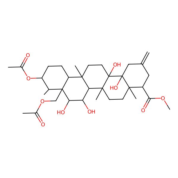 2D Structure of methyl 10-acetyloxy-8a-(acetyloxymethyl)-7,8,14a,14b-tetrahydroxy-4a,6a,6a,9-tetramethyl-2-methylidene-3,4,5,6,6b,7,8,9,10,11,12,12a,13,14-tetradecahydro-1H-picene-4-carboxylate